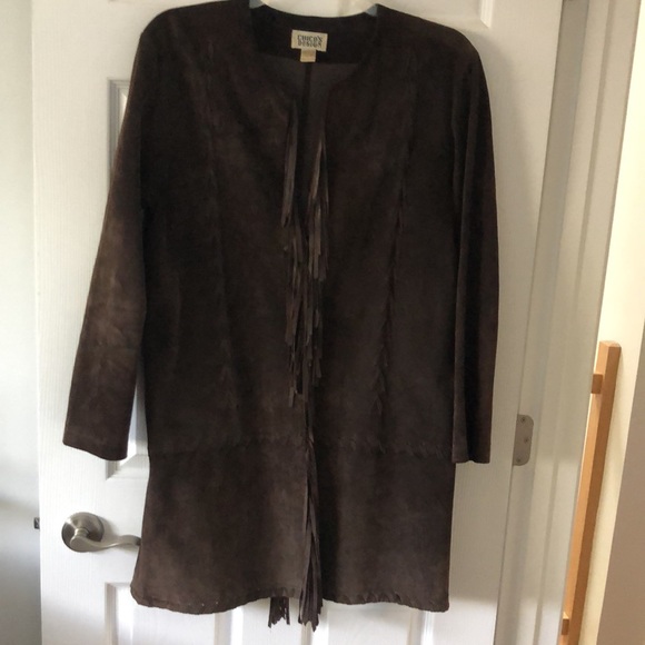 Chico’s Brown Leather Suede Collarless Jacket Coat Topper with Fringe Trim - Picture 4 of 16